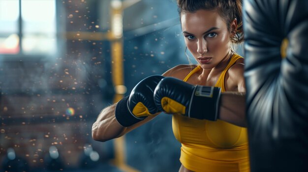 Mujer caucásica en ropa de ejercicio golpeando un saco de boxeo en el gimnasio