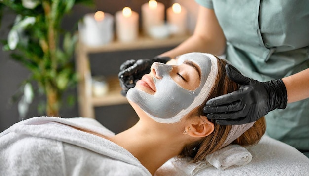 Mujer caucásica sometida a un tratamiento de belleza de spa rejuvenecedor con una máscara de peeling facial que incorpora s