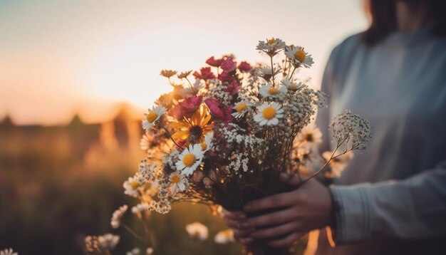 Mujer caucásica sosteniendo un ramo de flores silvestres en un prado generado por IA