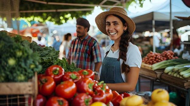 Foto mujer caucásica en una tienda de verduras y frutas