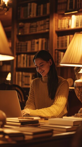 Mujer caucásica trabajando en una computadora portátil en una acogedora biblioteca con paneles de madera con un suéter grueso y sonriendo