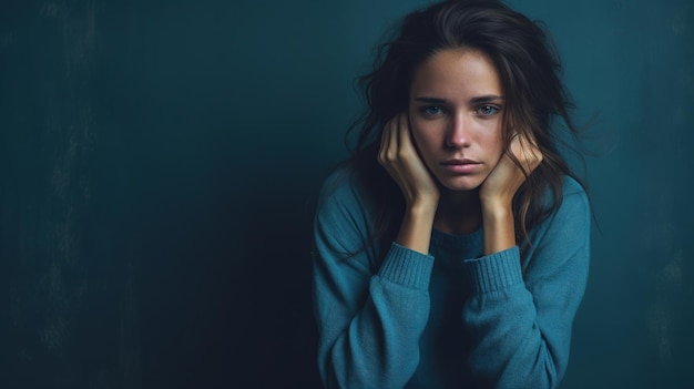 Mujer caucásica triste aislada en un fondo azul con espacio de copia