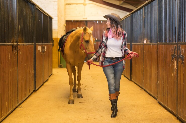 Foto mujer caucásica vaquera de pelo rosa paseando con un caballo en un establo, sombreros de vaquero americano, camisa a cuadros rosa y jeans