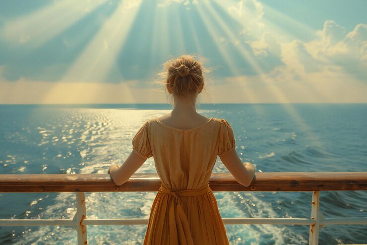 Mujer cautivadora con ropa casual de pie en la cubierta de un transatlántico mirando hacia el mar bajo el suave sol