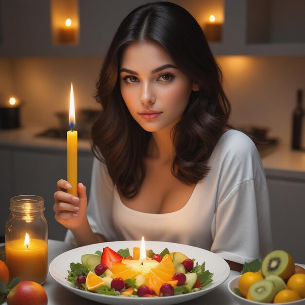 Foto mujer celebrando el día de las velitas con una deliciosa ensalada de frutas y flores