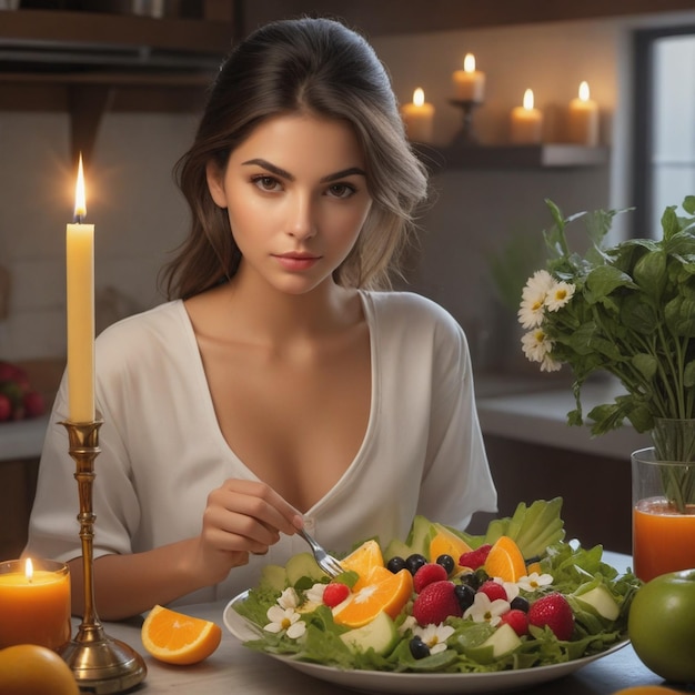 Foto mujer celebrando el día de las velitas con una deliciosa ensalada de frutas y flores