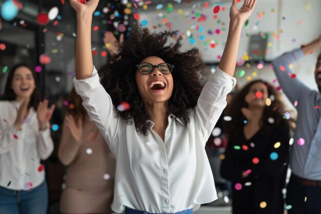 Foto mujer celebrando su ascenso con sus colegas de oficina