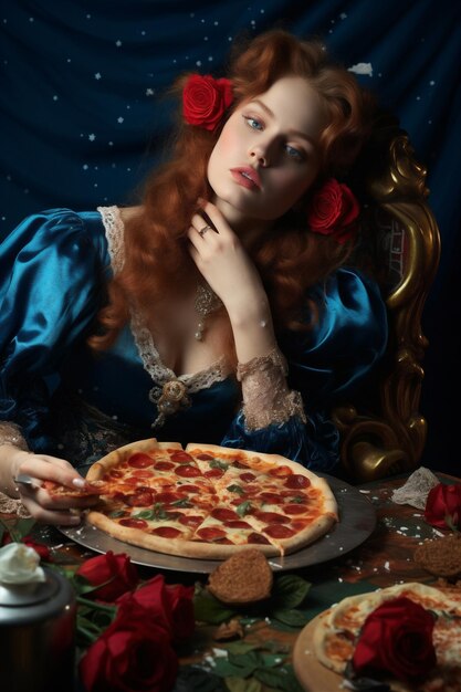 Mujer celebrar amor bebida sabrosa cena vidrio carne verde botella primer plano pizza cocina comida