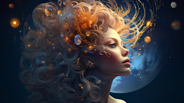 Mujer celestial con planetas en el cabello Mujer del universo Mujer del espacio Galaxia