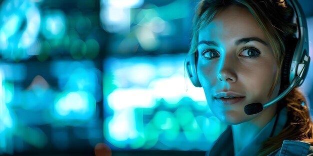 Foto mujer en el centro de apoyo técnico utiliza auriculares para proporcionar instrucciones para el concepto de seguridad de la planta de energía apoyo técnico instrucciones de seguridad de auriculares de la central eléctrica