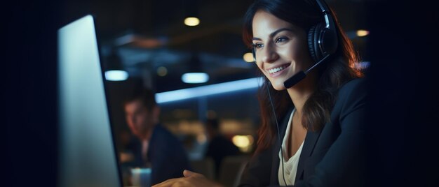 La mujer del centro de llamadas con auriculares sonrió trabajando y brindando servicio con cortesía y atención.