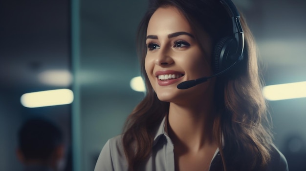 Mujer del centro de llamadas y trabajando en la oficina del equipo con computadora de auriculares y soporte al cliente en línea Ai