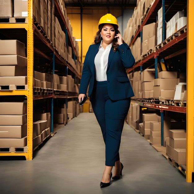 una mujer CEO plusize caminando en un almacén con un elegante traje y casco amarillo