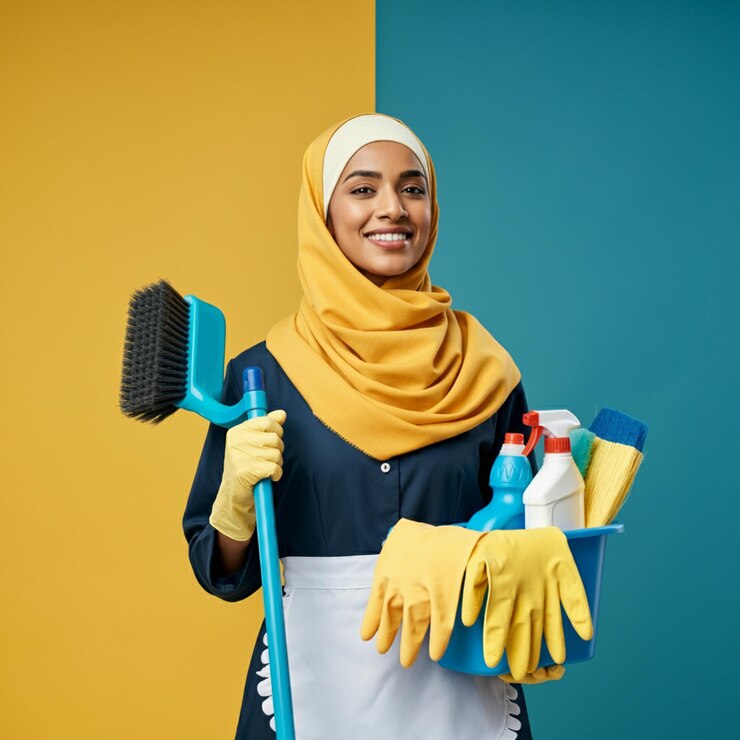 una mujer con un cepillo y un cepillo azul con un fondo amarillo