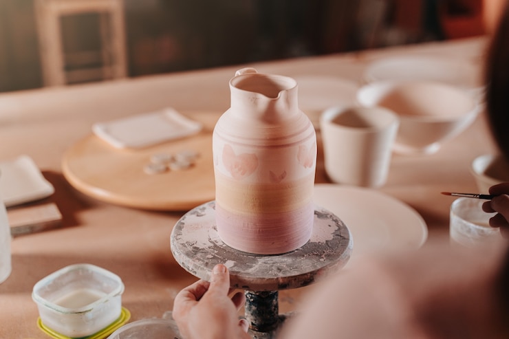 Foto mujer de cerámica en su taller pintando sus obras de arte en su mesa con diferentes herramientas y colores surtidos