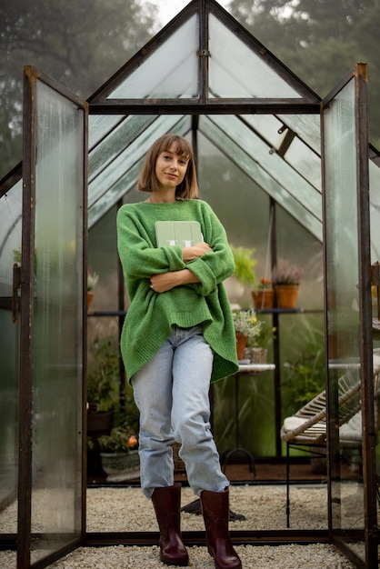 mujer, cerca, invernadero, en, jardín