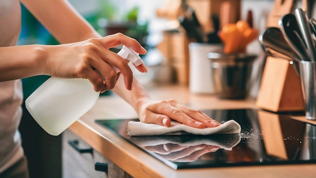 Mujer de cerca limpiando la cocina usando spray de limpieza y tela