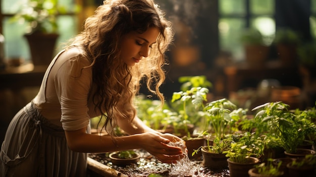 Foto mujer de cerca regando una maceta de plantas