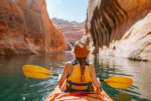 Una mujer con un chaleco salvavidas amarillo remando un kayak por un río