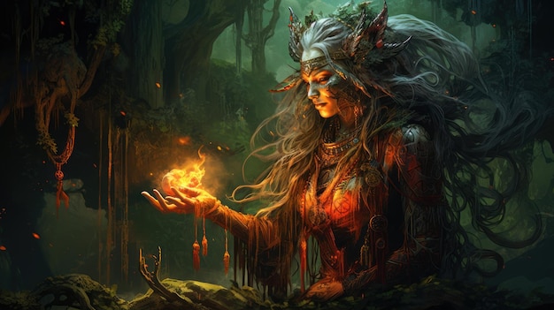Mujer chamán en el bosque realiza un ritual