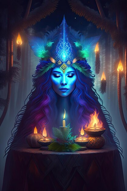 Mujer chaman bruja evocando espíritus en un misterioso bosque nocturno