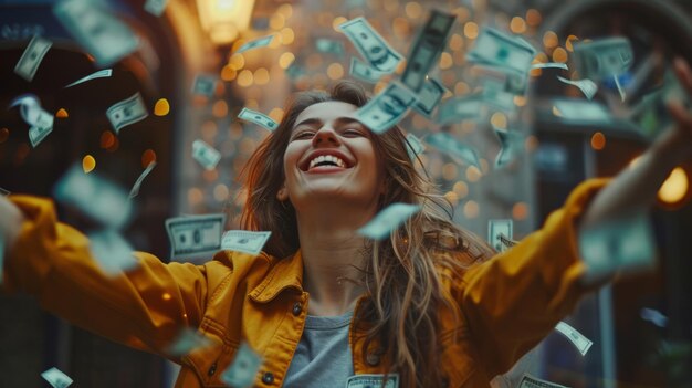 Mujer con chaqueta amarilla arrojando dinero