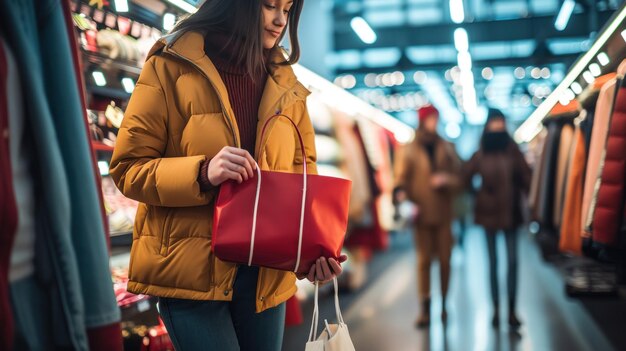 Una mujer con una chaqueta amarilla con bolsas de compras caminando por el pasillo