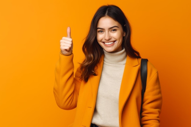 Foto mujer con chaqueta amarilla dando el visto bueno con una sonrisa en el rostro ia generativa