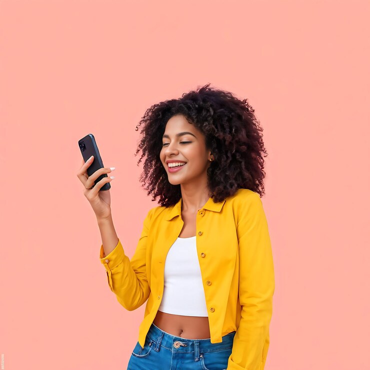 una mujer con una chaqueta amarilla está enviando mensajes de texto en un teléfono