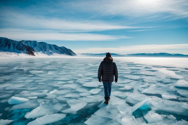 Una mujer con una chaqueta amarilla junto al mar con trozos de hielo en Islandia