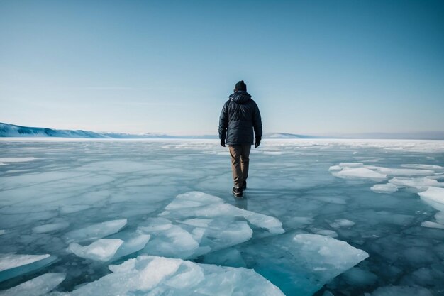 Una mujer con una chaqueta amarilla junto al mar con trozos de hielo en Islandia