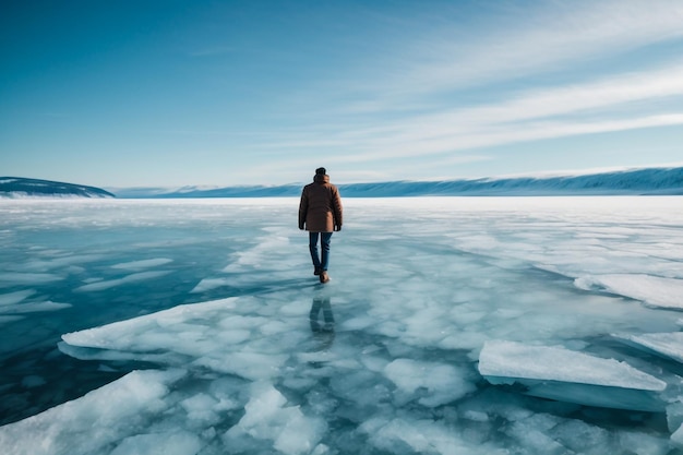 Una mujer con una chaqueta amarilla junto al mar con trozos de hielo en Islandia