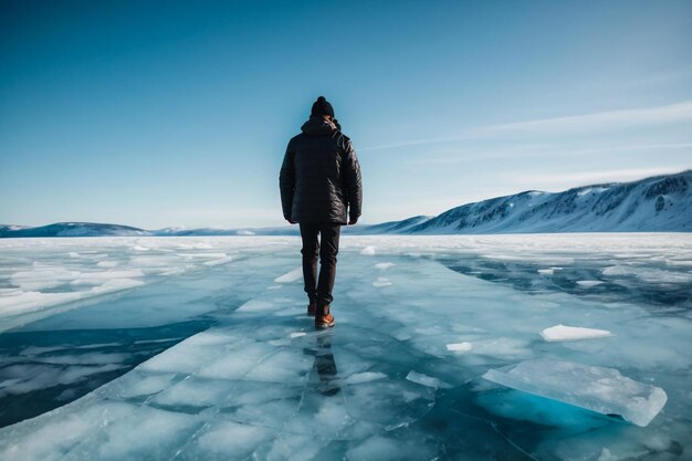 Foto una mujer con una chaqueta amarilla junto al mar con trozos de hielo en islandia