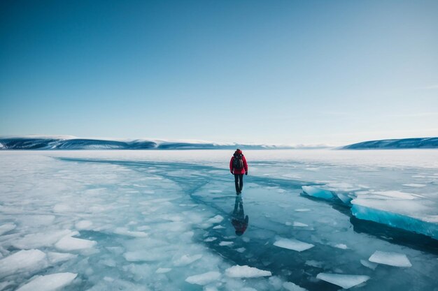 Una mujer con una chaqueta amarilla junto al mar con trozos de hielo en Islandia