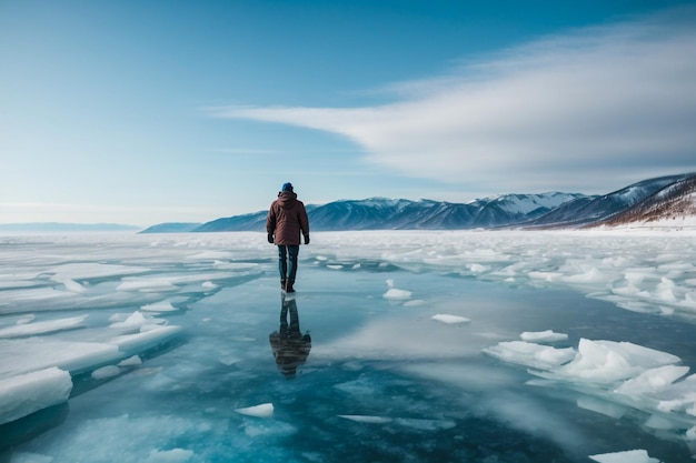 Una mujer con una chaqueta amarilla junto al mar con trozos de hielo en Islandia