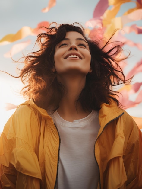 Foto una mujer con una chaqueta amarilla mira al cielo