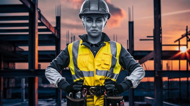 una mujer con una chaqueta amarilla y negra está de pie frente a un sitio de construcción