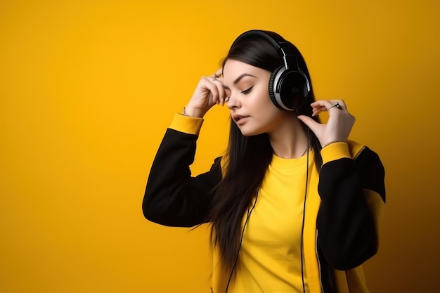 Una mujer con una chaqueta amarilla y negra con un par de auriculares en la cabeza.