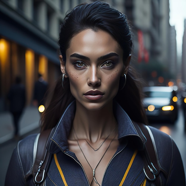 Una mujer con una chaqueta azul y un collar amarillo está caminando por la calle.