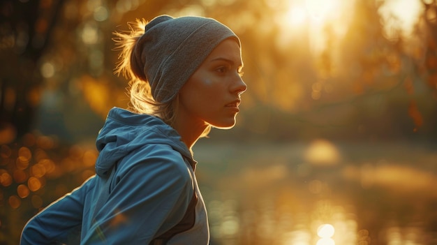 Foto mujer con chaqueta azul de pie junto al río