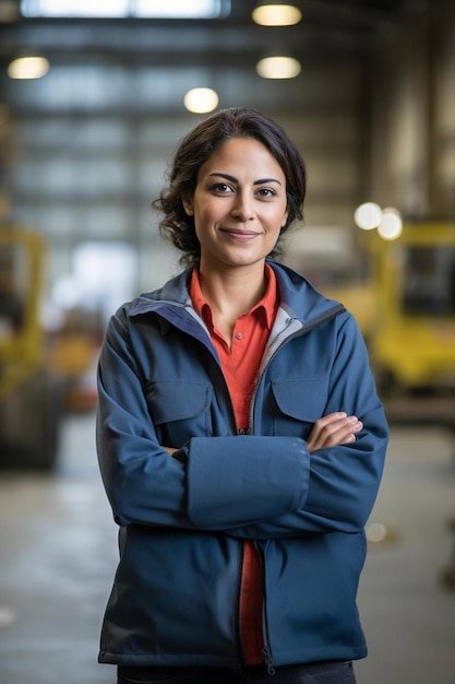 Foto una mujer con una chaqueta azul que dice que está de pie en un almacén