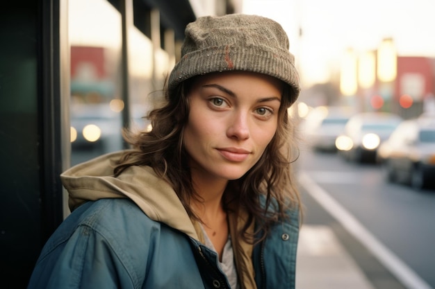 una mujer con una chaqueta azul