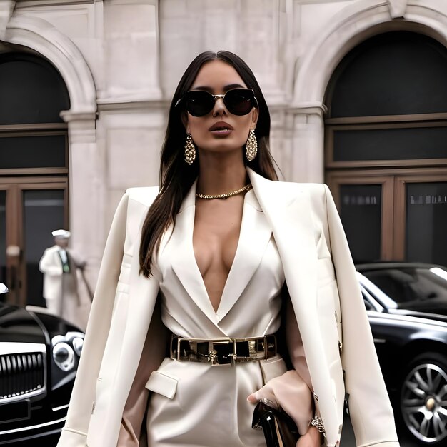 Foto una mujer con una chaqueta blanca y gafas de sol está caminando delante de un coche negro