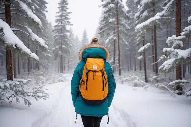 Mujer en chaqueta cálida de invierno con piel y mochila caminando en el bosque de pinos de invierno nevado