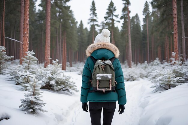 Mujer en chaqueta cálida de invierno con piel y mochila caminando en el bosque de pinos de invierno nevado