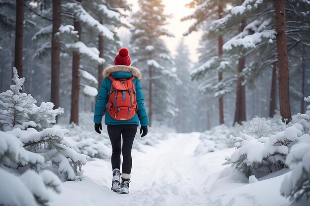 Foto mujer en chaqueta cálida de invierno con piel y mochila caminando en el bosque de pinos de invierno nevado