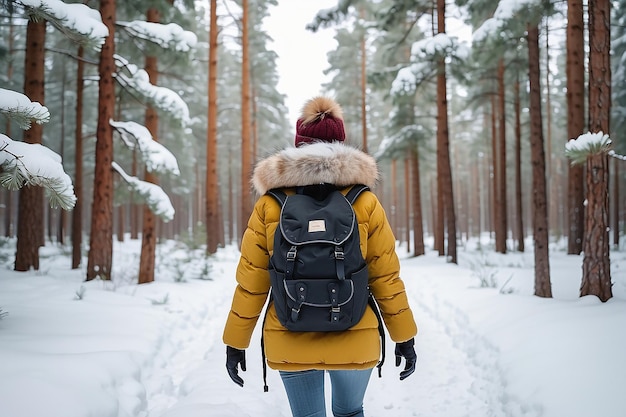 Foto mujer en chaqueta cálida de invierno con piel y mochila caminando en el bosque de pinos de invierno nevado