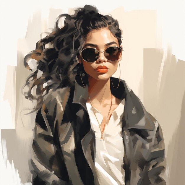 Foto mujer con chaqueta de cuero y gafas de sol estilo de moda arte digital estilo de ilustración digital