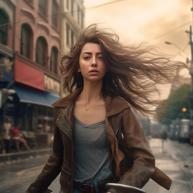 Una mujer con una chaqueta de cuero marrón camina por la calle.