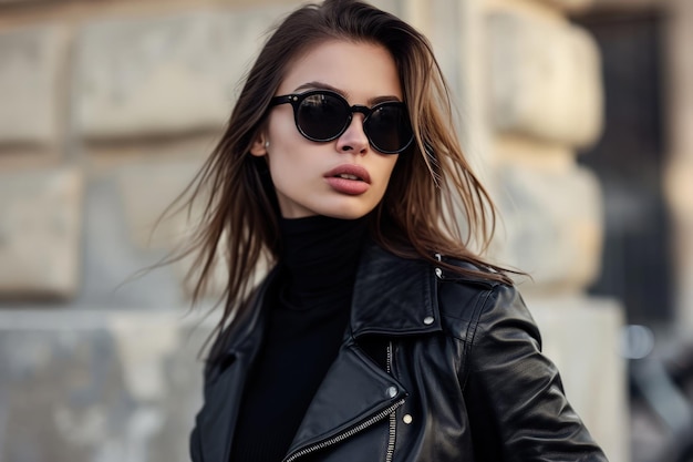 Mujer con chaqueta de cuero negro y gafas de sol
